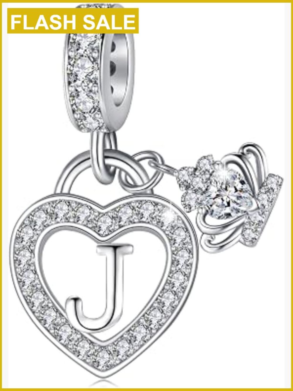 Silver Heart Alphabet Charm for Bracelet - Cubic Zirconia Dangle Pendant